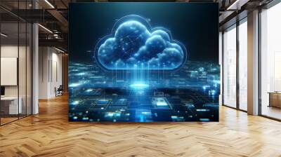 Cloud computing of digital data flow. Digital information technology web futuristic hologram with cloud icon, blue light circuit background Wall mural