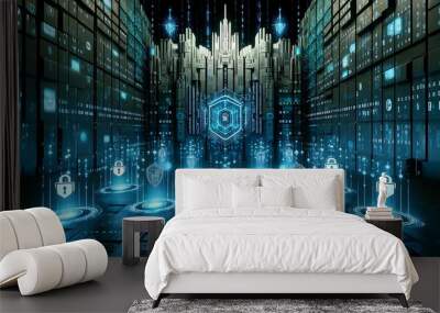 Cybersecurity and data protection concept with padlock and shield icons in server room with blue lights. Digital security and privacy concept. Wall mural