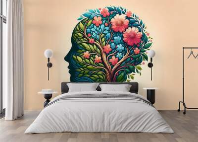 Digital illustration concept art of a human head silhouette with tree and flowers, self-care and mental health concept, positive thinking, creative mind Wall mural