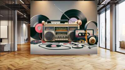 digital illustration concept art of retro 80s music player record with vinyl, headphones and tv antenna. Wall mural