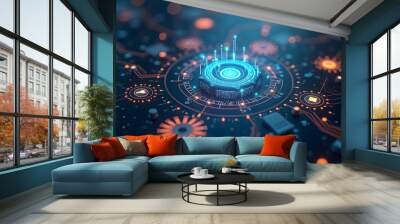 Futuristic Technology Interface with Blue and Orange Lights Wall mural