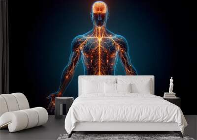 Medical technology concept. Electronic medical record. Holographic with the shape of a human body equipped with a nervous system. Wall mural