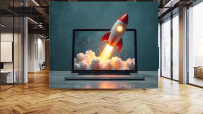 Red and White Rocket taking off from Laptop Screen Wall mural