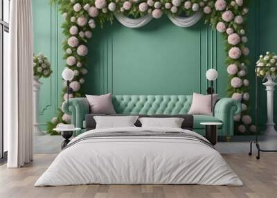 The wedding stage decorated with flowers arch and sofa on green classic wall Wall mural