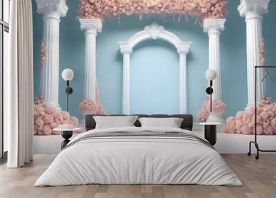 Wedding decoration with flowers arch on blue classic wall backdrop Wall mural