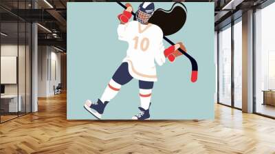 Female ice hockey player in hockey equipment. Hockey girl with stick . Winter team sport. Flat cartoon vector illustrations on blue background. Wall mural