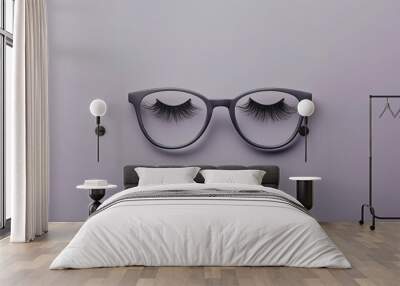  grey glasses with false eyelashes: A pair of grey glasses with exaggerated false eyelashes attached to the lenses, set against a neutral grey background. The minimalist design creates a playful and q Wall mural