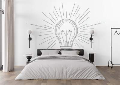 A simple line drawing of a lightbulb with rays emanating from it, representing the concept of a bright idea or inspiration. The clean white background emphasizes the simplicity and clarity of the desi Wall mural