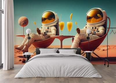 Astronaut explorers, couple resting on the planet mars, ground mountain landscape. Future research mission to colonize the red planet. Construction colony Starman. generative ai  Wall mural