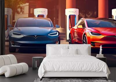 Close up charging two electric car model future eco technology concept banner space for text copy space generative ai Wall mural