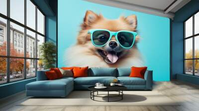 Cute Pomeranian dog wearing stylish sunglasses against a vibrant blue background, looking cool and happy. Horizontal photo with copy space

Pet fashion, adorable Pomeranian, stylish dog, blue backdrop Wall mural