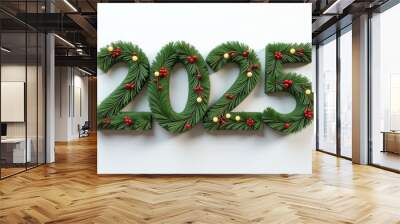 Festive new year 2025 design with pine branch numbers for holiday decor and celebration Wall mural