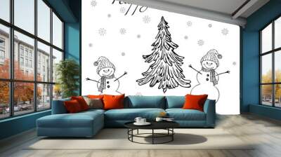 Funny snowmen smile as they stand in the snow next to the Christmas tree. Cute new year, Christmas holiday character smiling in a scarf and hat. Winter design of happy new year greeting card Wall mural