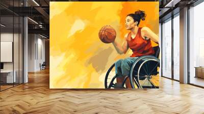 illustration banner poster on the theme of sports. disabled girl plays basketball in a wheelchair Wall mural