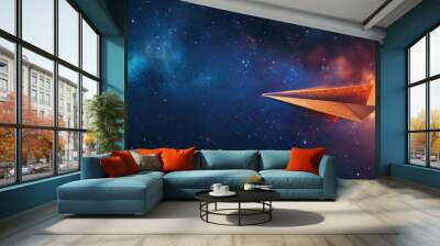 on dark blue background a paper airplane in space flies among the universe and stars. space concept, technology, ideas, creative, airplanes Wall mural