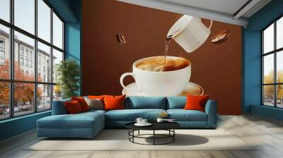 Pouring coffee into a white cup with coffee beans floating, elegant white cup, hot beverage illustration, coffee concept Wall mural