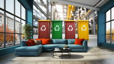 Recycling bins, red, green, yellow, organized in industrial setting, waste management and sustainability concept Wall mural