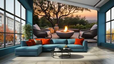 relaxation and socializing concept outdoor backyard fire pit with gray modern outdoor furniture, cha Wall mural