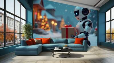 Robot holding Christmas gift outdoors with lights and snow
Robot holding a red gift box outside in snowy Christmas setting
Concept: technology and holidays, futuristic Christmas, robotic gift-giving,  Wall mural