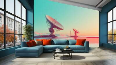 Satellite dishes in serene, pastel landscape, sunset sky, reflecting water, telecommunication technology concept Wall mural