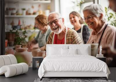 senior friends laughing and enjoying a pottery class together, creating handmade ceramics, hobbies,  Wall mural