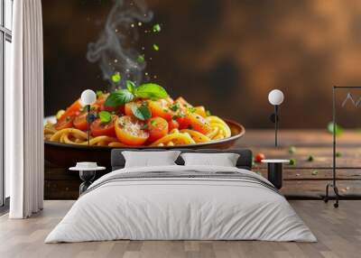 Steaming bowl of pasta with tomatoes and fresh herbs
A close-up of a steaming bowl of pasta topped with fresh cherry tomatoes, basil, and herbs on a rustic wooden table. Horizontal photo with copy spa Wall mural