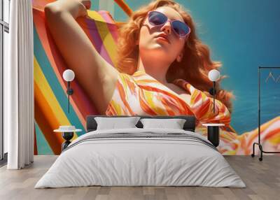 summer illustration in multi colors summer holidays retro style by the sea. a beautiful tanned girl with red hair in a bright swimsuit sunbathing is useful for summer holidays, summer Generative AI  Wall mural