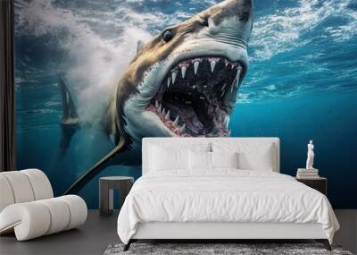 tiger shark in the sea with open mouth generative ai Wall mural