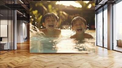 Two young Chinese boys laughing and splashing in a pool, water droplets frozen in mid-air
Concept: childhood, summer, fun, water, joy, play, laughter, swimming, vacation, excitement Wall mural