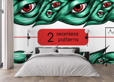 Waves of hair. Eyes. Seamless pattern. Scary set. Wall mural