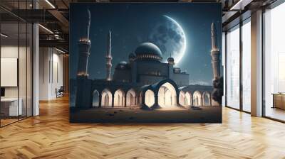 illustration of beautiful modern mosque, night scene with moon and starry sky - Generative AI Wall mural