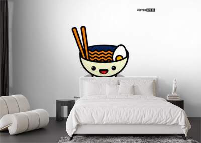 Happy Smiling Face Ramen Bowl Vector Illustration in Flat Style Line Art Wall mural