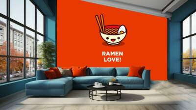 Ramen Bowl Love Poster Vector Illustration in Flat Style Line Art Wall mural