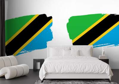 Set of two hand painted Tanzania brush flag illustration on solid background Wall mural