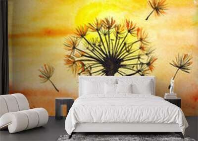 Watercolor yellow sun shine dandelions field landscape. Bright colorful watercolor background. Fire, autumn or sunset colors watercolour texture with stains. Yellow, orange, red gradient fill. Hand dr Wall mural