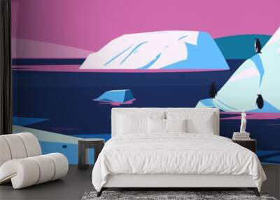 Arctic. Northen landscape with icebergs and penguins. Vector illustration Wall mural