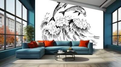 Dolphin sketch with sea waves. Hand drawn illustration converted to vector. Wall mural