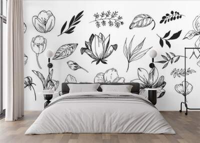 Floral set. Sketches of flowers, plants, leaves. Hand drawn illustration converted to vector. Outline with transparent background Wall mural