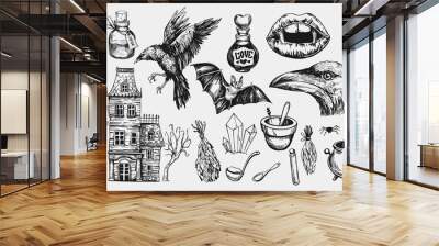 Halloween set with hanted house, raven, potion, bat, vampire mouth. Hand drawn illustration converted to vector Wall mural