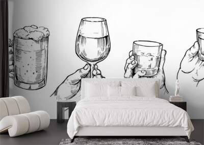 Hand holds alcohol glasses: tequila, beer, whiskey, wine. Hand drawn illustration converted to vector. Isolated on white background Wall mural