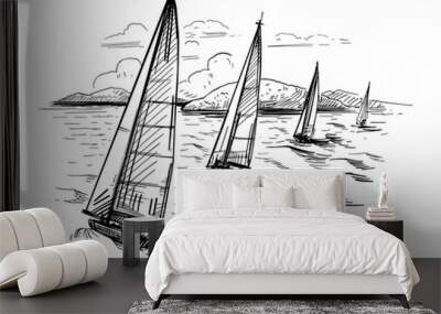 Landscape with yachts and the sea. Outline vector illustration. Yachting . Black on transparent backgroun Wall mural