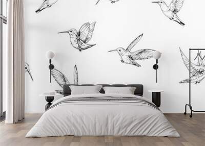 Seamless pattern with hummingbirds. Hand drawn vector illustration Wall mural