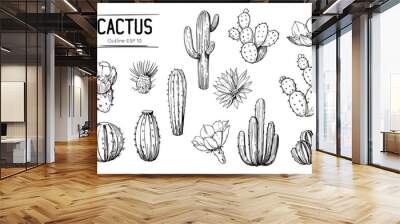 Set of cacti with flowers. Hand drawn illustration converted to vector Wall mural