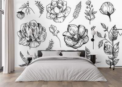 Set of peonies with leaves. Floral elements for design. Vector. Isolated Wall mural