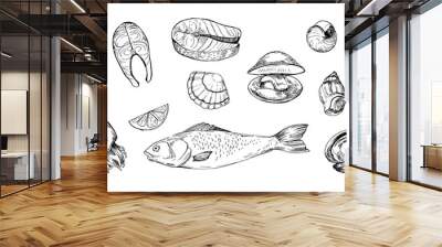 Set of seafood objects. Hand drawn illustrations converted to vector Wall mural