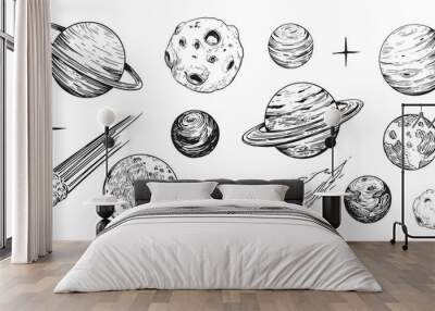 Set of space objects: planets, stars. Hand drawn vector Wall mural