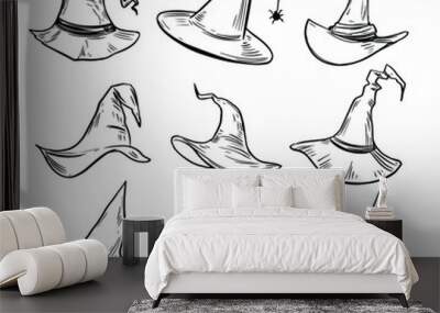 Set of witch hats. Halloween. Vector outline Wall mural