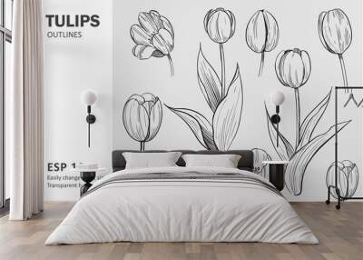 Sketch of tulips. Hand drawn outline converted to vector. Isolated on transparent Wall mural