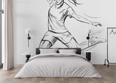 Soccer player. Girl soccer player runs with the ballHand drawn vector illustration. Black on transparent background Wall mural