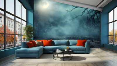 Wooden table with creepy forest background at night Wall mural